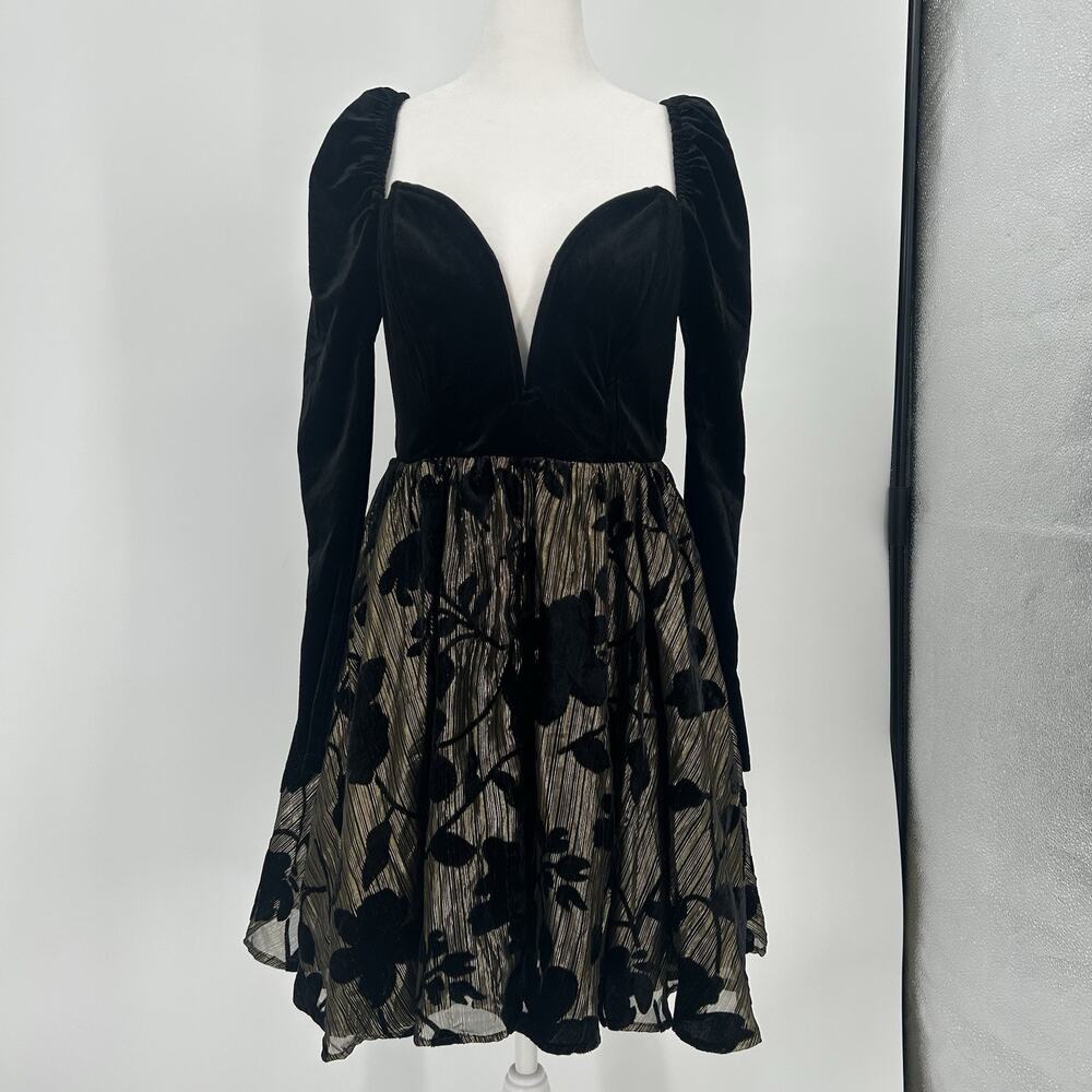 Ashley Park x RTR Encore Floral Velvet Mini Dress Womens 8 Black Gold MSRP $395